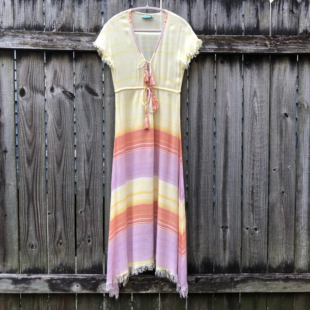 Letarte Handmade Swim Coverup Size M Woven Striped Fringe Tassel Tie Pastel